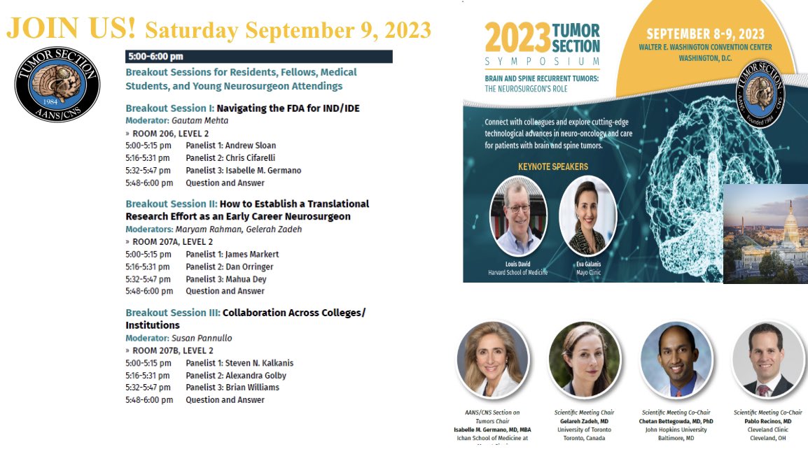 What’s happening at the 2023 Tumor Section meeting this year?!?? Check out the Saturday line up below. We can wait to connect with all of our tumor neurosurgery colleagues at a great #cns2023. @CNS_Update