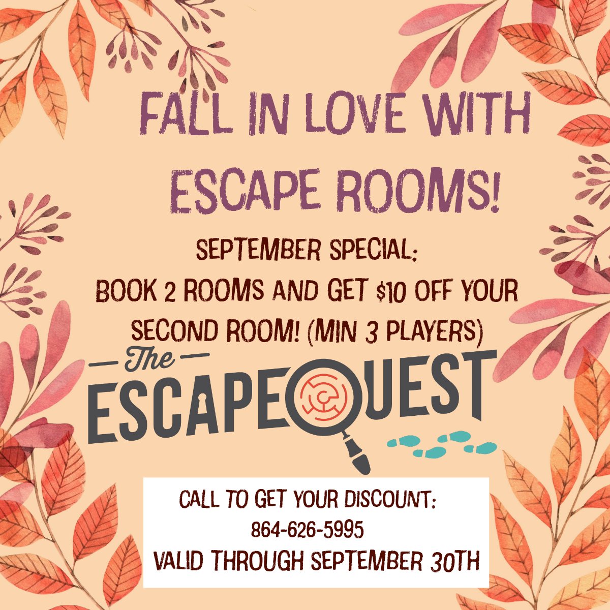 TheEscapeQuest's tweet image. Fall in LOVE with Escape Rooms this September by checking out our special this month! Buy 2 rooms and get $10 off your second room per person. Must call to get your discount! #theescapequest #senecasc #sherlocksrecruits #wildwestwithatwist #operationrunawayreindeer 🕵️🤠🎅🍁🍂🎃
