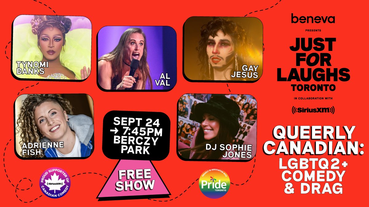 Queerly Canadian: an LGBTQ2+ comedy and drag show for FREE at JFL Toronto Street 💃We're so excited to be working with @PrideToronto to showcase some of the best queer artists in Canada: @TynomiBanks, @ALVALcomedy, Gay Jesus, @adrienne_fish and DJ Sophie Jones 👑