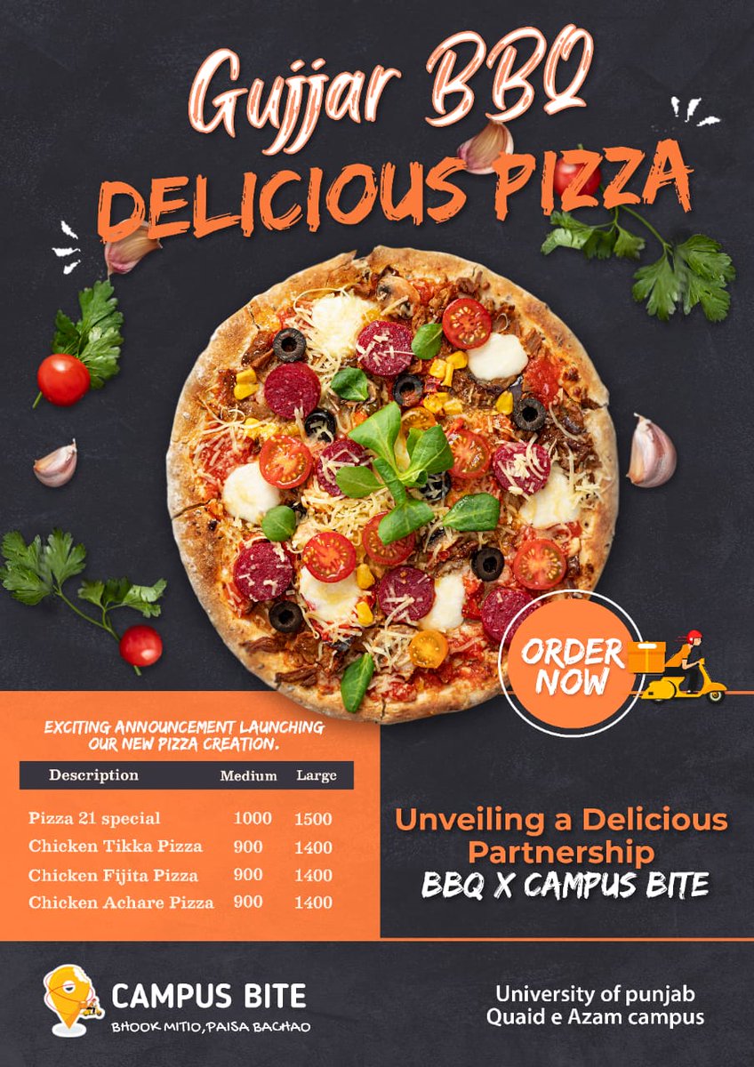 Delicious Pizza by Gujjar BBQ. Try new tast.
Order now.
 #DiscoverPakistan #FoodDelivery #StudentLife #CampusEats #FoodApp #HungryStudents #LateNightMunchies #CollegeLife #AffordableEats #FoodForStudents #DownloadNow #CampusFoodie #TastyTreats  #FoodDelivery @PU_OfficialPK