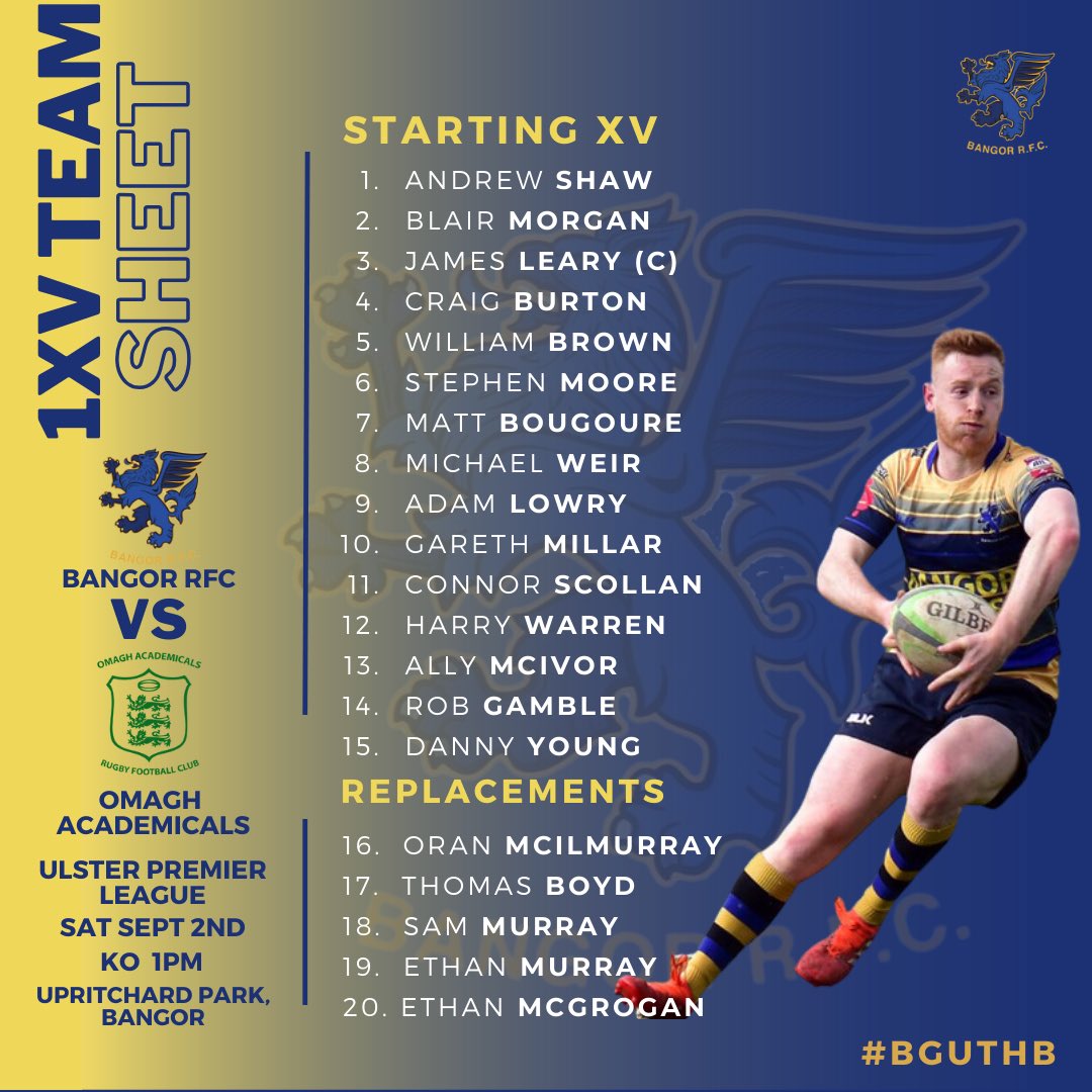 BangorRFC's tweet photo. TEAM SHEETS 👇🏼

Here are our 1XV &amp; 2XV Teamsheets for this Saturday at Upritchard Park!

🏉 Matches KO at 1PM  

📺 World Cup matches on 4 screens all day with £3.50 Guinness &amp; Harp while they are on! 

Don’t miss out! 👀 #BGUTHB https://t.co/ptsopjMzTZ