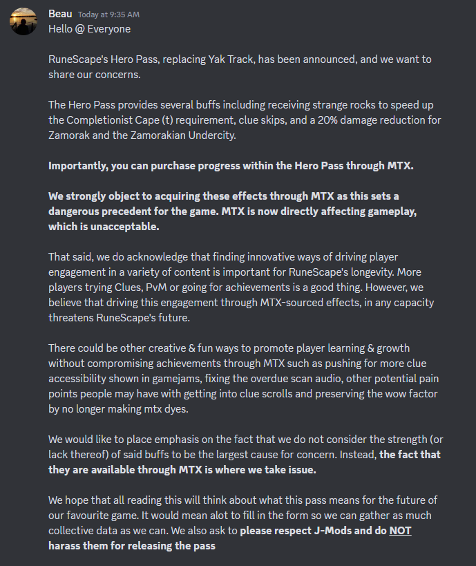 ImRamiRS's tweet photo. Runescape/Jagex under fire as many large RS3 communities/creators such as PvME &amp; Clue Chasers are banding together to urge the removal of hero pass. This is not healthy for the future of our game. Many of their sentiments are in the screenshots below. #WePassOnHeroPass https://t.co/MfWgPSVCKQ