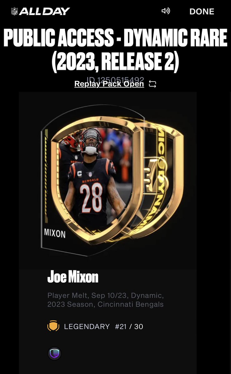 Nudge_Notes's tweet photo. @NFLALLDAY Pack luck activated! I only went for one pack and got it and pulled a monster @Joe_MainMixon legendary! Can’t wait to see it filled with great plays! https://t.co/CXyVVu7YRe