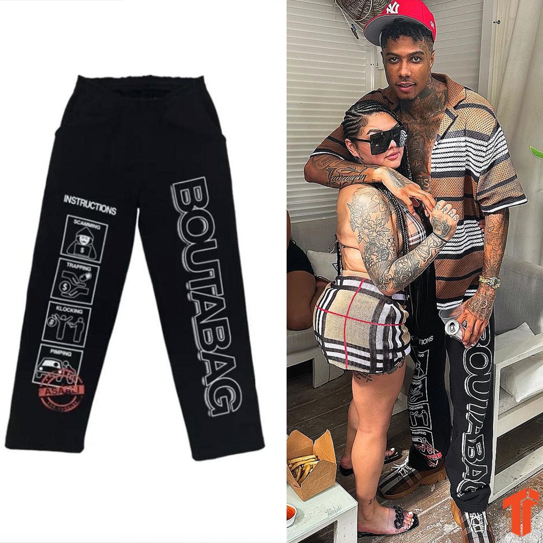 TheThizzler's tweet photo. LA's @bluefacebleedem sported Sacramento's @DbBoutabag "Boutabag Instructions" 👖 merch collab x @asaalico while out in Miami 🔥! Do #DBBoutabag &amp; #Asaali need another collab? https://t.co/RNJJxXHuc8