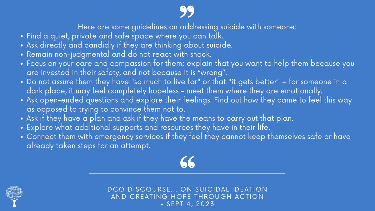 crisisontario's tweet image. This week&apos;s #DCODiscourse #podcast episode provides information on suicidality. We discuss what suicide and suicidal ideation are, how to navigate loss related to suicide, how to support someone struggling with suicidal ideation, and more. #linkinbio to listen. #WSPD #WSPD2023