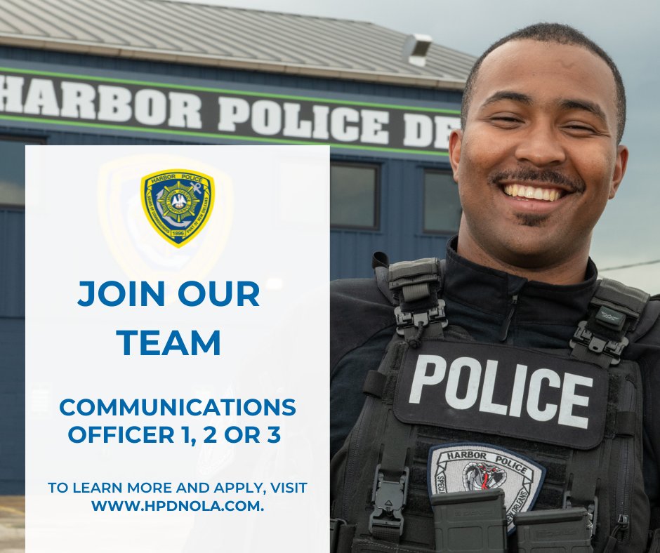 railnola's tweet image. @NolaHarborPD are hiring for the following positions: Communications Officer 1, 2 or 3.
 
For more information, visit our Careers web page: hpdnola.com/about-us/jobs
 
#YourWorkingRiver #YourPortNOLA #HarborPolice #NewOrleans #Hiring #LouisianaJobs