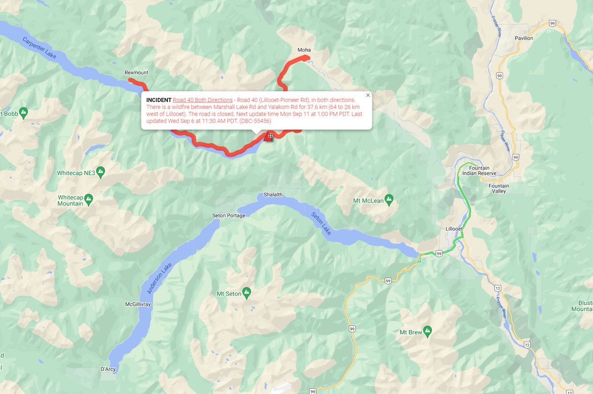 DriveBC's tweet photo. #Road40 / #LillooetPioneerRoad is closed in both directions due to a wildfire between #MarshallLakeRoad and #YalakomRoad. 

ℹ️ https://t.co/eQAFlxiPuW https://t.co/xkSluTp0Ai