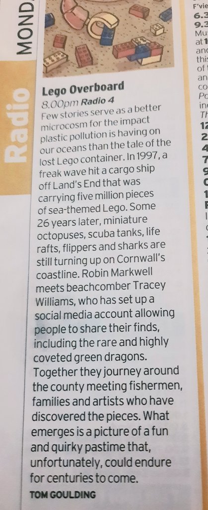 Excited and honoured to be the @RadioTimes choice listen on Monday. The salty tale of @LegoLostAtSea and the quest to find some of the five million pieces that went overboard in 1997. 8pm on @BBCRadio4 on Mon and repeated on Weds at 11am 🐲 🐙