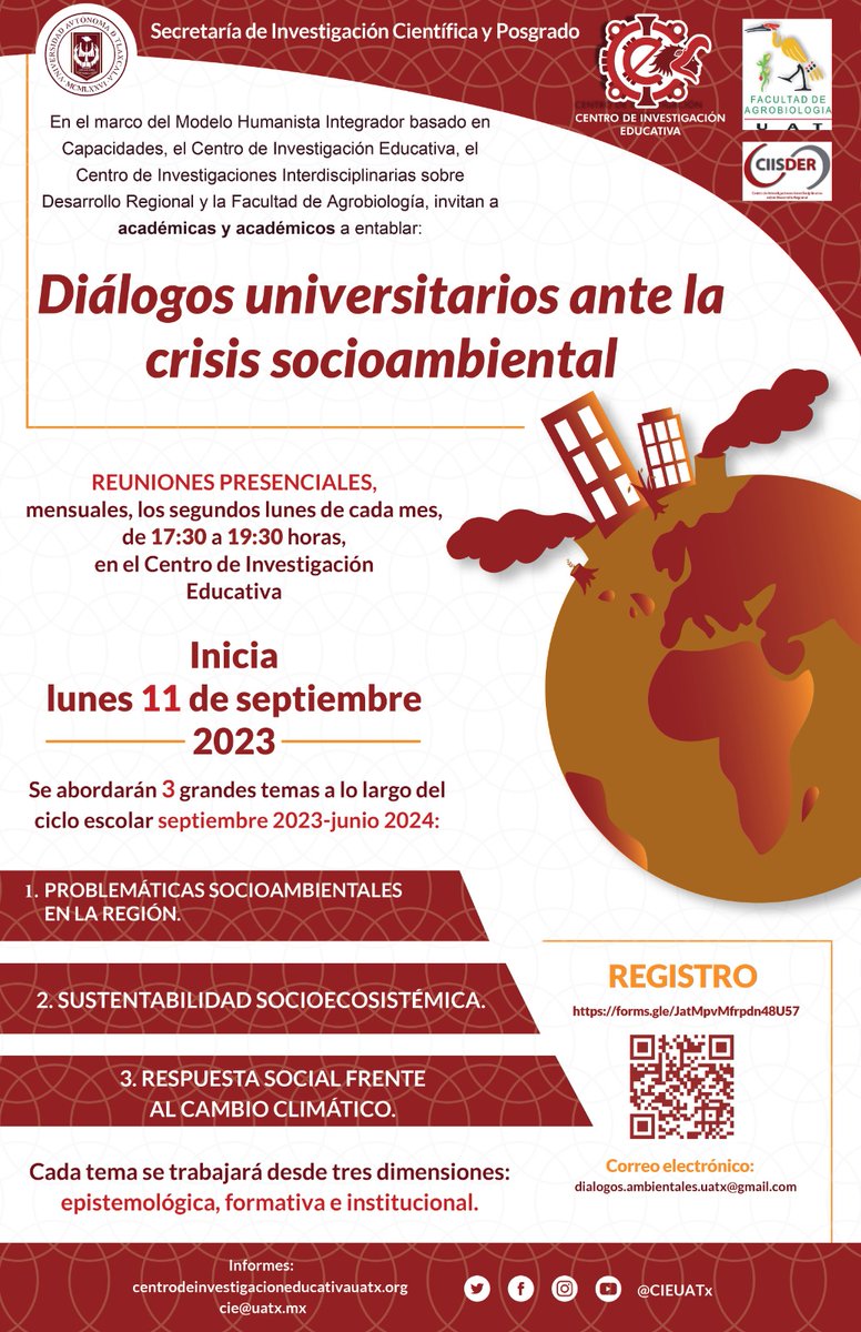 🏛 En el marco del Modelo Humanista Integrador basado en Capacidades de la <a href="/UATxOficial/">UATx</a>, el <a href="/CIEUATx/">Centro de Investigación Educativa</a>, el <a href="/ciisder_uatx/">CIISDER.UATx</a> y la Facultad de Agrobiología, invitan a académicas y académicos a entablar:

🟢 Diálogos universitarios ante la crisis socioambiental