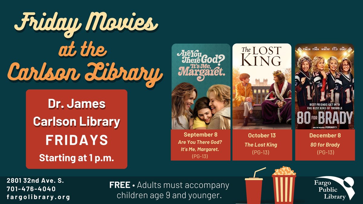 fargolibrary's tweet image. Our fall season of Free Friday Movies starts TOMORROW– Friday(9/8) @ 1PM at the Dr. James Carlson @fargolibrary. See you there. 😀
Free movie + Free popcorn! #FargoPublicLibrary