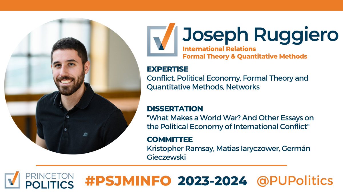 Princeton Politics (@pupolitics) on Twitter photo In his job market paper, <a href="/josephjruggiero/">Joe Ruggiero</a> studies the strategic decisions of many interdependent countries to start and join wars. He connects the model to data on international disputes, estimating the effects of the economic network and power advantages on equilibrium behavior. In his job market paper, <a href="/josephjruggiero/">Joe Ruggiero</a> studies the strategic decisions of many interdependent countries to start and join wars. He connects the model to data on international disputes, estimating the effects of the economic network and power advantages on equilibrium behavior.