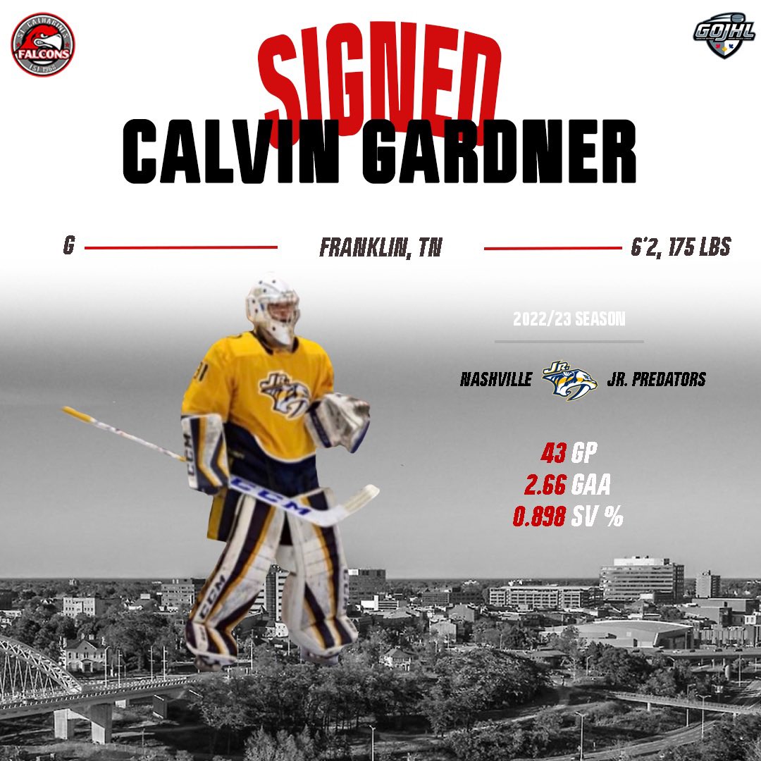 StCathFalcons's tweet photo. TENNESSEE ➡️ ST. CATHARINES

The St. Catharines Falcons are excited to announce the signing of Calvin Gardner. Welcome to the nest, Calvin‼️

“Very excited to have Cal apart of our team this season. He’s an athletic goalie who moves very well. As a Saginaw draft choice we… https://t.co/ZPxeZ5L4NT