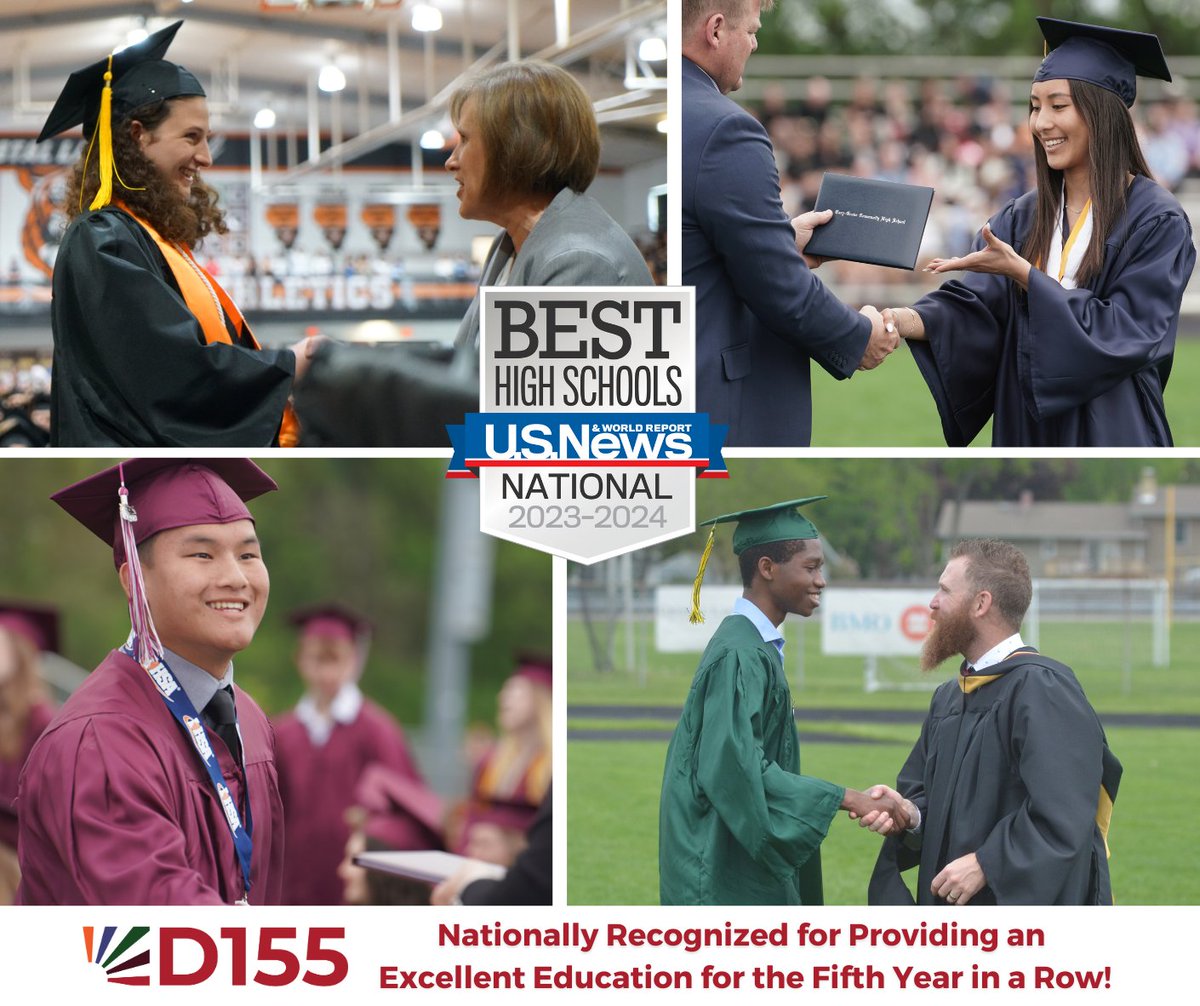 🏆📚BEST HIGH SCHOOLS: For a FIFTH year in a row @USNews ranked D155’s four high schools among the nation’s top high schools! All four D155 high schools rank among the top 14 percent nationally! #D155Inspire