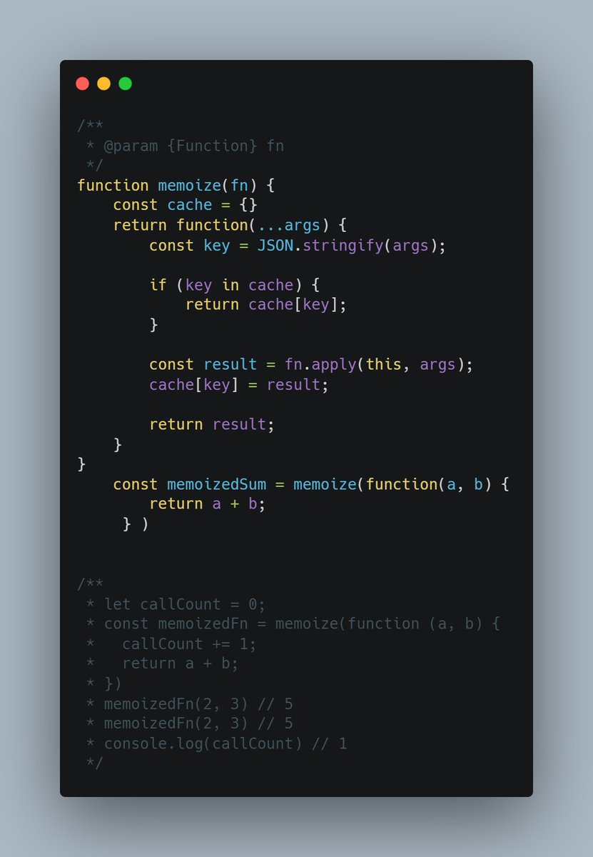 Day: 7
The first function, memoize, takes a function as an argument and returns a new function that caches the results of the original function.
#AlgorithmSeptember #WebDevelopment #JavaScript #Algorithms #Careerwise #AlgoSept
@RebaseAcademy

#30daysAlgo