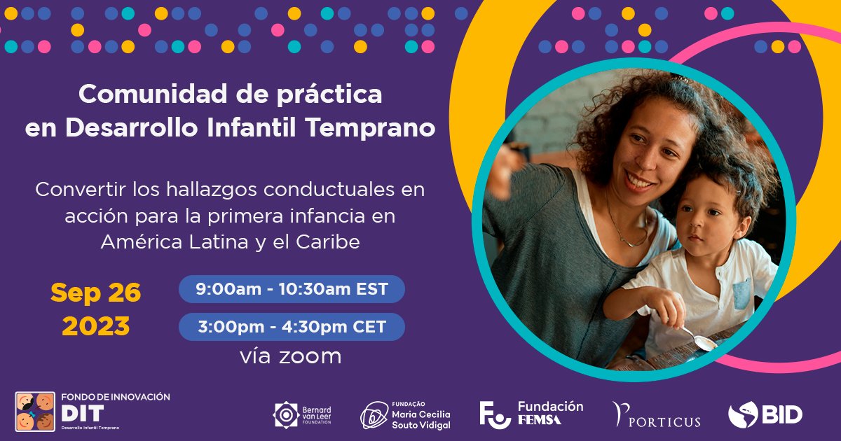 Ninez_Ya's tweet image. ¿Cómo se está aplicando la ciencia del comportamiento en las intervenciones a la #PrimeraInfancia en Latinoamérica y el Caribe? 

Participa el 26 de septiembre en el taller regional, que realizará @el_BID y @BvLFoundation. #SomosNiñezYA

✍️bit.ly/3sJZeyh 
🕐9 a.m. 🇨🇴