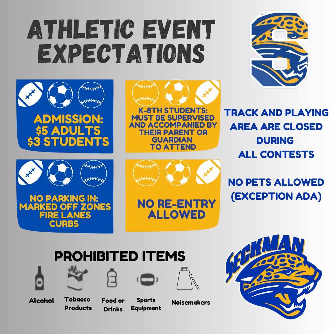 Seckman Athletics/Activities ๐ (@jaguarathletics) on Twitter photo Good luck to VFB vs <a href="/NORTHWEST_LIONS/">NHS Lions Athletics</a> tonight at 7pm. At approximately 630pm, we will honor the 2018 team and Coach Doug Baker
Reminders for spectators: Good luck to VFB vs <a href="/NORTHWEST_LIONS/">NHS Lions Athletics</a> tonight at 7pm. At approximately 630pm, we will honor the 2018 team and Coach Doug Baker
Reminders for spectators: