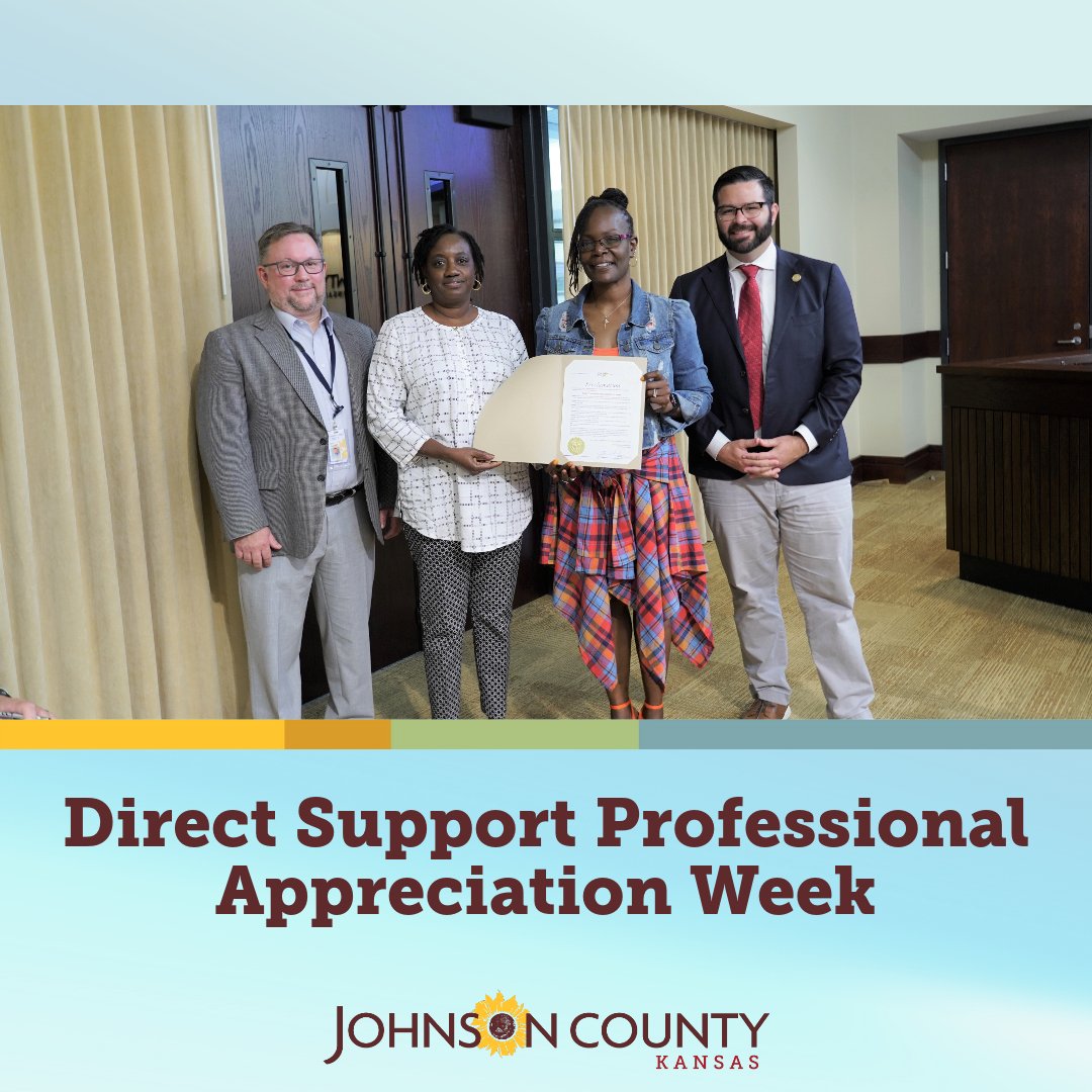 jocogov's tweet photo. The Board of County Commissioners proclaimed the second week of September as #DirectSupportProfessionalsWeek.
Join us in recognizing and appreciating Direct Support Professionals for their unwavering compassion, patience and empathy in their daily work. ๐ https://t.co/aeGFk7rdRh