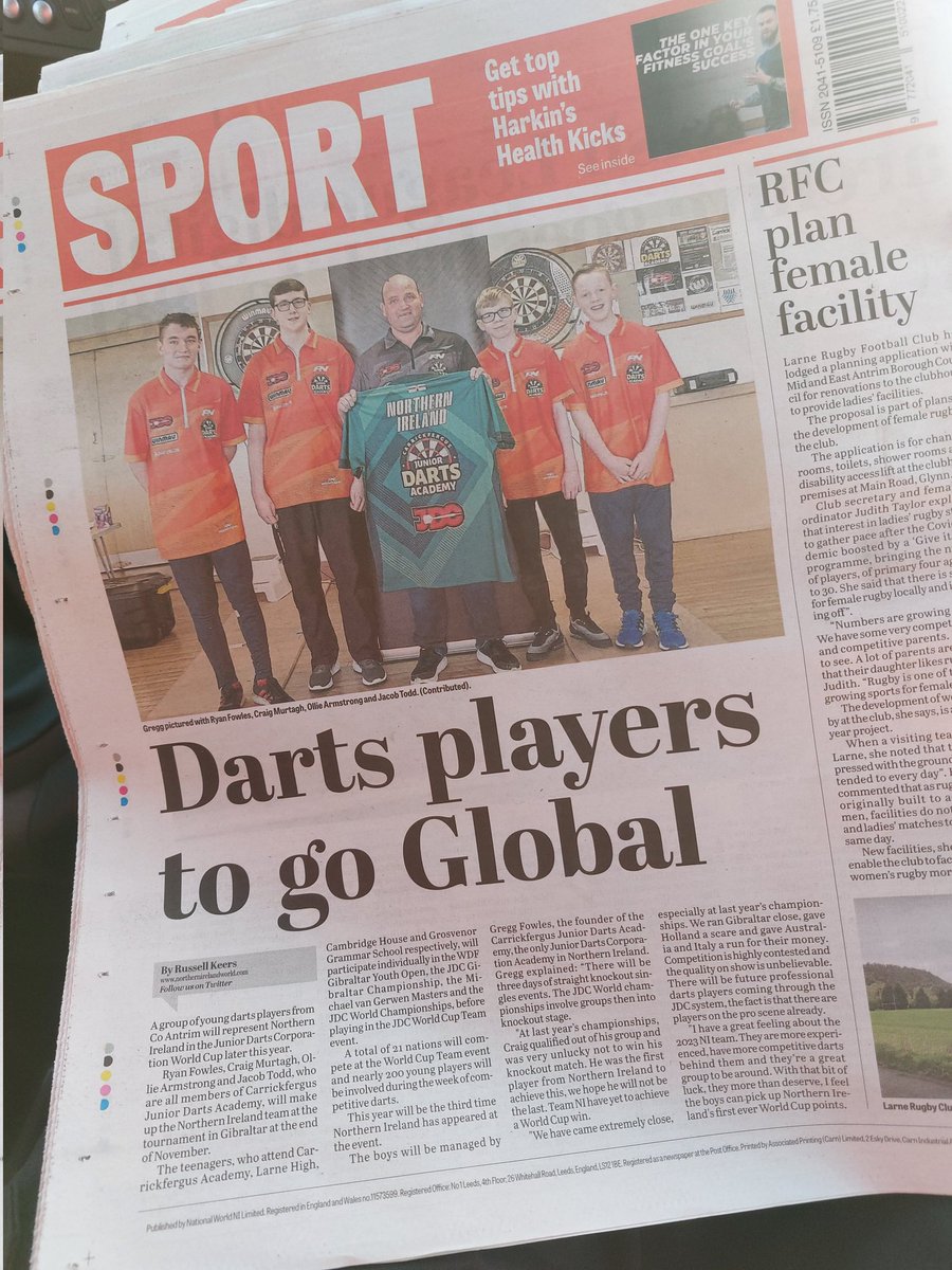 DartsJunior's tweet photo. #IWSBrandedWear #BelfastHour Great week for some of our members👇. Local press for our upcoming adventure in Gibraltar 🇬🇮. The 2023 @JDCdarts World Cup and World Championships await them🤩🎯. @Carrick_Times @mea_bc @BBCSPORTNI @VisitTheRock @Winmau @DartConnect @DartingDunks https://t.co/qrPJcJxRTA