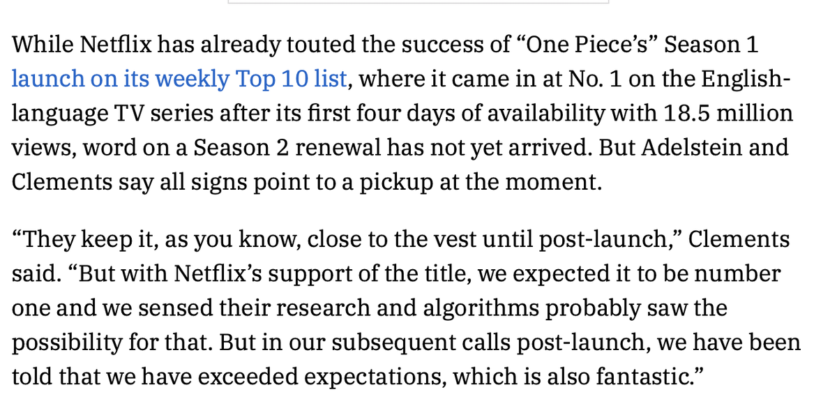 ‘ONE PIECE’ Season 2 scripts has already been written. Production can begin once the strike has been resolved and it gets renewed. #OnePieceNetflix

“Somewhere between a year and 18 months, we could be ready for air.”

Link: variety.com/2023/tv/news/o…