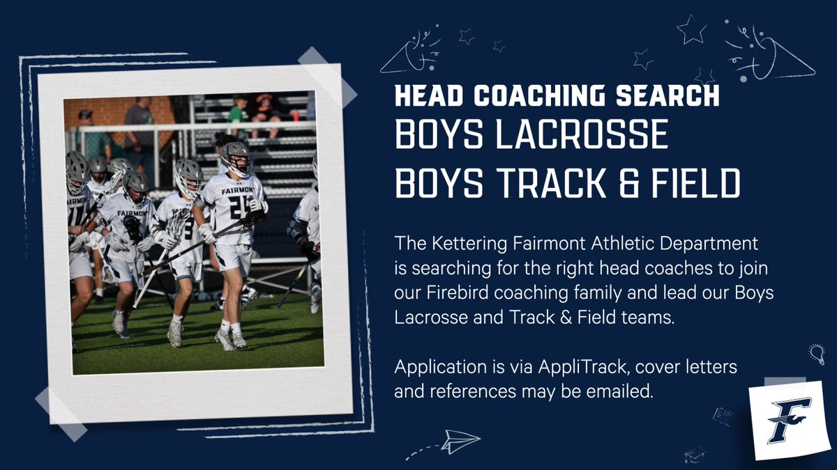 Fairmont Athletics seeks the right head coaches to join our Firebird coaching family! applitrack.com/dayton/onlinea… #WeAreFirebirds #Lacrosse #trackandfield #Track