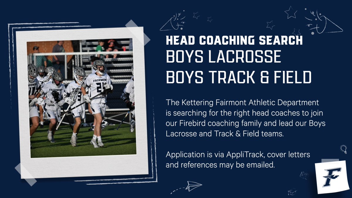 Fairmont Athletics seeks the right head coaches to join our Firebird coaching family!

applitrack.com/dayton/onlinea…

#WeAreFirebirds #Lacrosse #trackandfield #Track