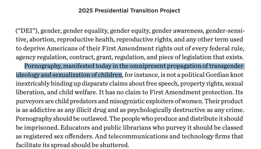 Right wing thinkers are circulating a chilling 920 page blueprint for the next President to declare the mere existence of trans people pornographic. These are not cranks, this is the Republican policy establishment.
