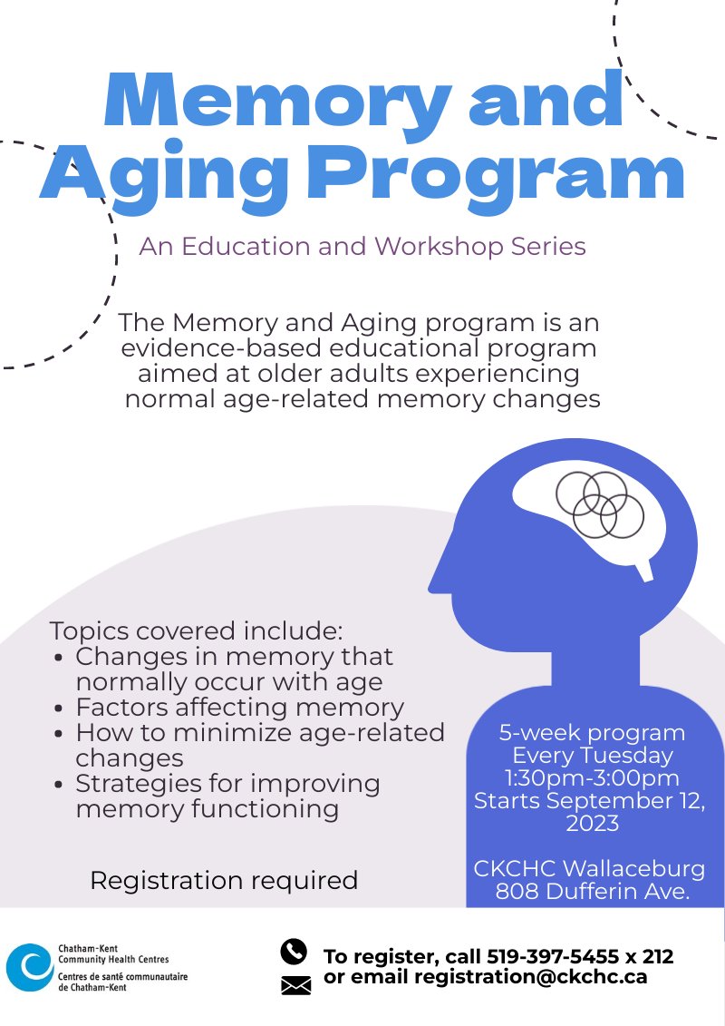 There are still a few spaces open for anyone interested in this program running in #Wallaceburg starting next week. #HealthyAging #memory