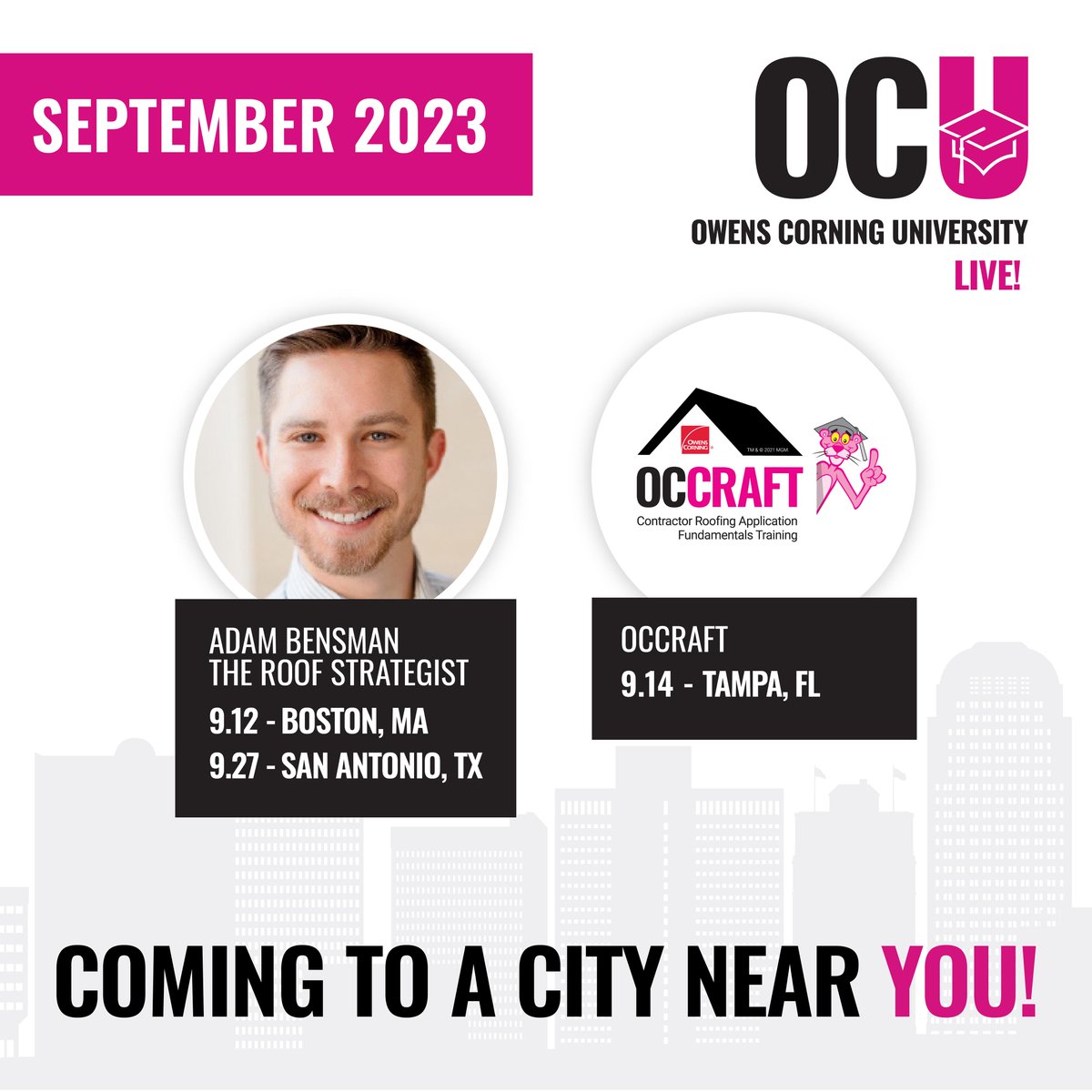 September is here and we're back to bringing OCU Live training events to a city near you! Check out this month's lineup featuring:
📍 The Roof Strategist in Boston, MA and San Antonio, TX
📍 OCCraft in Tampa, FL

Register for free now: bit.ly/3gyhkLq