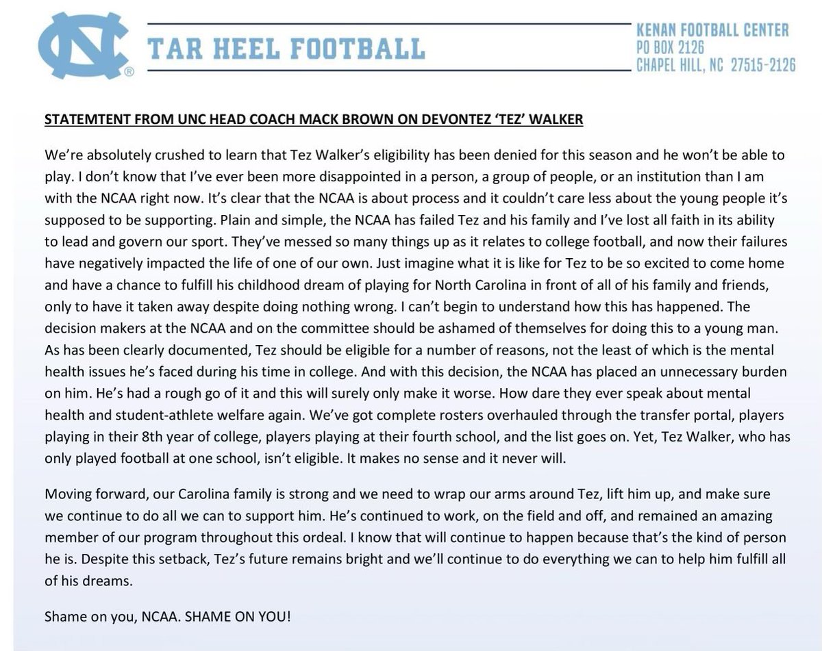 Good for Mack Brown!!! He’s 100% right. The <a href="/ncaa/">NCAA</a> is failing in its mission to SUPPORT student athletes. This should have been a no brainer. #FreeTez #UNC