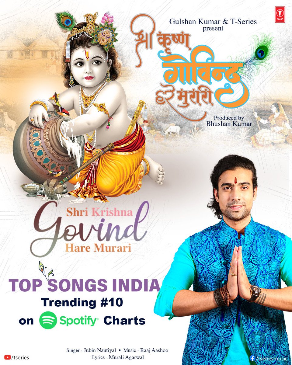 . #ShriKrishnaGovindHareMurari is the perfect soundtrack for a blessed Janmashtami! 🌟🎵🕉️ Trending #10 on @spotifyindia #BhushanKumar @JubinNautiyal #RaajAashoo #MuraliAgarwal