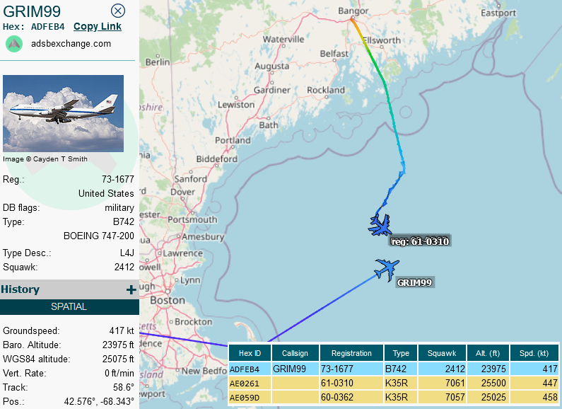 SirListenalot's tweet photo. 2058z #E4 #ADFEB4 as #GRIM99 en route Offutt - Colombo, Sri Lanka about to join #KC135's #AE059D & #AE0261 as #FIAT11-12 out of Bangor https://t.co/77yTErqhUV