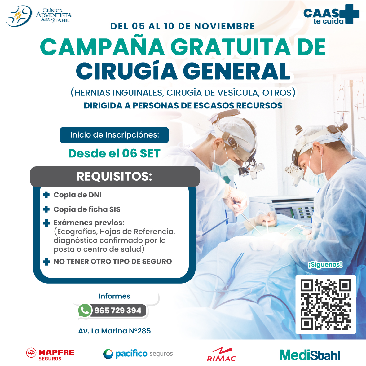 ¡Atención iquitos! 📷
La Clínica Adventista Ana Stahl estará realizando una campaña de CIRUGÍA GENERAL  GRATUITA del 05 al 10 de NOVIEMBRE.
📷Fecha de inscripciones: desde el 06 de SETIEMBRE
No dejes pasar esta oportunidad, ¡inscríbete!
(Cupos limitados) 📷 📷
#CAAS #Iquitos
