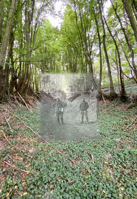 #nowandthen #beforeandafter Bois d'Hauzy March 1916 v 2022 Bois d'Hauzy was behind the Melzicourt frontline near St Thomas. In 1916 the wood was used for troop rest. Below are two 315e soldiers at rest in the valley lead down to the aisne river. See🧵for more pictures
