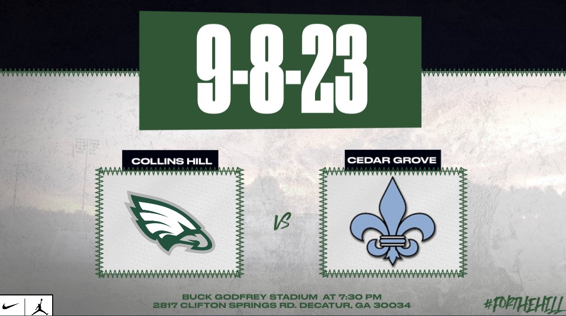 Collins Hill Eagles Football (@collinshillfb) on Twitter photo Time to hit the road again with us this Friday night, Eagles nation!! 🦅 We truly appreciate our fans showing up & showing out last week…. Ding ding 🔔Round 2 this week!!!! Vs Cedar Grove #LETSGO kickoff at 7:30.
#FORTHEHILL
<a href="/SwickONE8/">Drew Swick</a> <a href="/darealcoachcam1/">Cameron Hayes</a> <a href="/CoachBeck56/">CORY BECK 🦅🏈</a> <a href="/BLinnell2/">Coach Linnell</a> Time to hit the road again with us this Friday night, Eagles nation!! 🦅 We truly appreciate our fans showing up & showing out last week…. Ding ding 🔔Round 2 this week!!!! Vs Cedar Grove #LETSGO kickoff at 7:30.
#FORTHEHILL
<a href="/SwickONE8/">Drew Swick</a> <a href="/darealcoachcam1/">Cameron Hayes</a> <a href="/CoachBeck56/">CORY BECK 🦅🏈</a> <a href="/BLinnell2/">Coach Linnell</a>