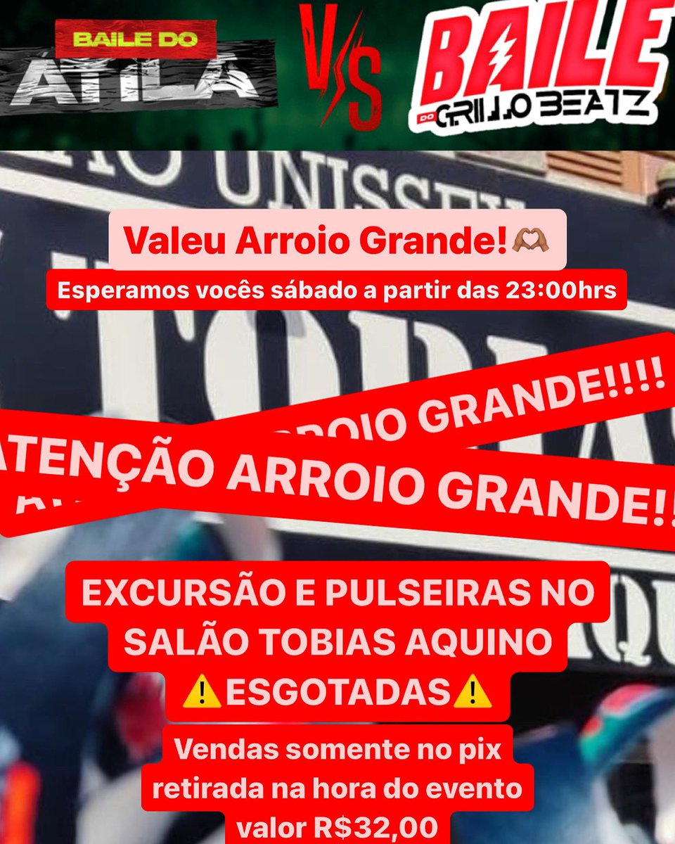Djjattila's tweet photo. Excursão e ponto de venda em Arroio Grande #ESGOTADAS!
Valeu as 150 pessoas de AG que já Garantiram seu lugar no nosso baile sábado!
Quer garantir teu lugar?
Chama e faz o pix!
R$32,00 https://t.co/2DstVBFw6V
