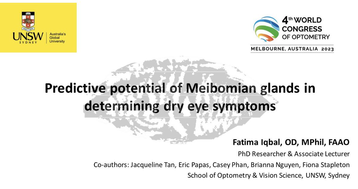 Fatima Iqbal (@fatimai71712524) on Twitter photo Great start to the #OMEGA23 <a href="/WorldCouncilOpt/">World Council of Optometry</a> conference at #Melbourne learning about dry eye wheel from fantastic <a href="/lwj_63/">Lyndon Jones</a> <a href="/JenOculSurf/">Jennifer Craig</a> <a href="/j_wolffsohn/">James Wolffsohn</a> #meibomianglands are important.
Need to know more? Learn with me about #dryness and glands on the day 2 <a href="/UNSWoptomvsci/">UNSW School of Optometry and Vision Science</a> Great start to the #OMEGA23 <a href="/WorldCouncilOpt/">World Council of Optometry</a> conference at #Melbourne learning about dry eye wheel from fantastic <a href="/lwj_63/">Lyndon Jones</a> <a href="/JenOculSurf/">Jennifer Craig</a> <a href="/j_wolffsohn/">James Wolffsohn</a> #meibomianglands are important.
Need to know more? Learn with me about #dryness and glands on the day 2 <a href="/UNSWoptomvsci/">UNSW School of Optometry and Vision Science</a>