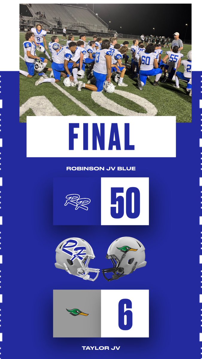 RobinsonHSFB's tweet photo. Final for the JV Blue in Taylor
Robinson 50
Taylor 6

JV White falls 18-12 https://t.co/nTT6I7xXPF