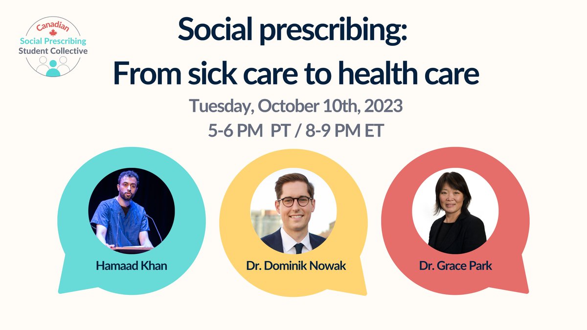 MEDICAL STUDENTS! Join our webinar on social prescribing to learn about this hot topic and what it means to you as a medical student. Featuring @HamaadAKhan, @DominikNowakMD, and Dr. Grace Park! Brought to you by our medicine working group. Register here: zoom.us/meeting/regist…