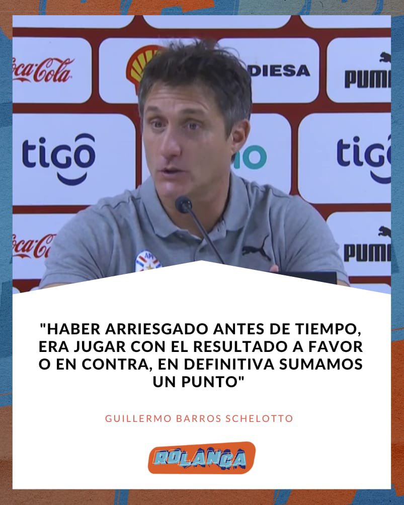 RolangaPy's tweet photo. Palabras de Guillermo Barros Schelotto, Técnico de la Albirroja.

- "Haber arriesgado antes de tiempo, era jugar con el resultado a favor o en contra, en definitiva sumamos un punto".

- "Queda un sabor amargo. Tuvimos muchas situaciones, manejamos la pelota. Nos faltó acertar, además de que Gallese tuvo una noche muy buena".

- "Almirón está bien. Sobre el final del partido estuvo acalambrado, pero contamos con él para el siguiente encuentro".

- "Aún así le generamos cuarto situaciones claras de gol, a lo mejor no tuvimos esa suerte, además de la gran actuación de Gallese. Lamentablemente no ganamos, pero el equipo lo hizo muy bien"

📌¿Opiniones?
-#Rolanga #SomosRolanga