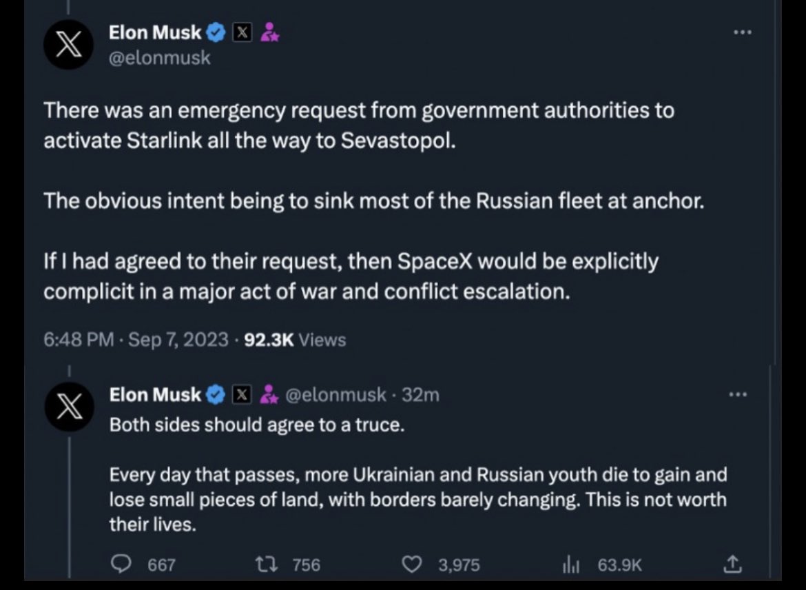 Elon Musk will not be complicit in acts of war. Agree to peace. Stop the killing.