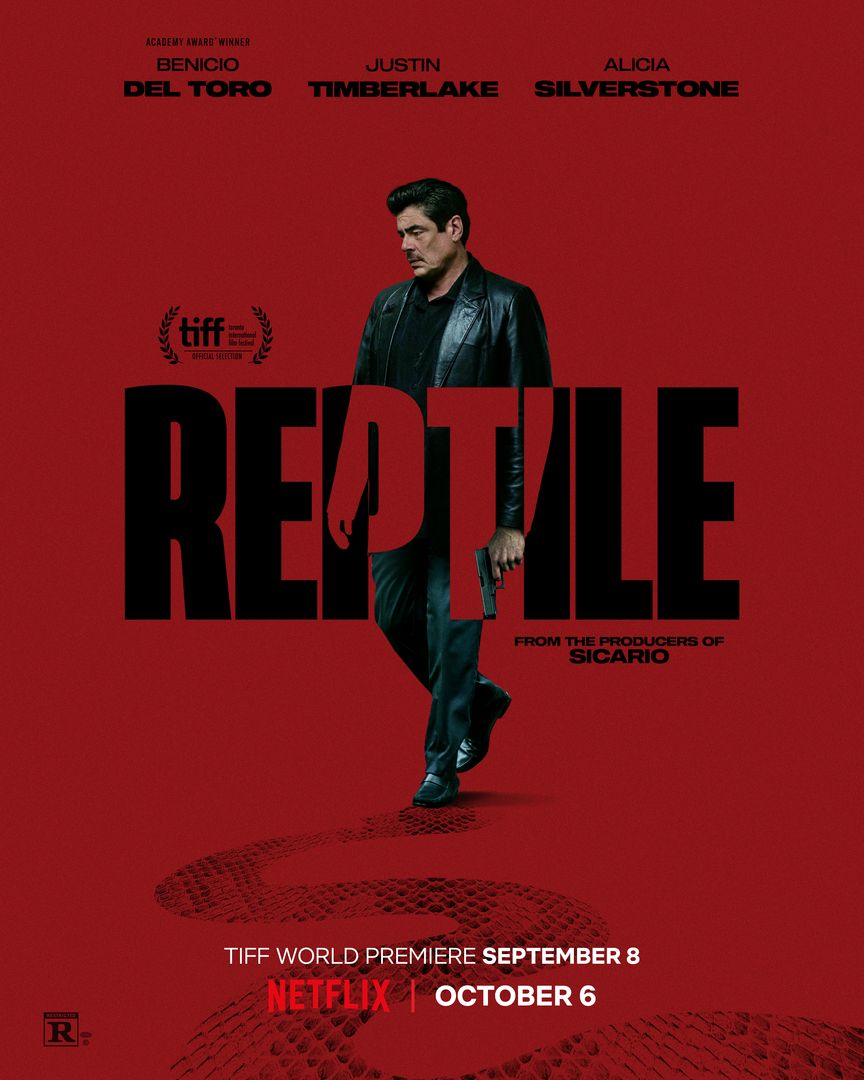 Benicio Del Toro, Justin Timberlake and Alicia Silverstone star in the crime thriller Reptile. Coming October 6.