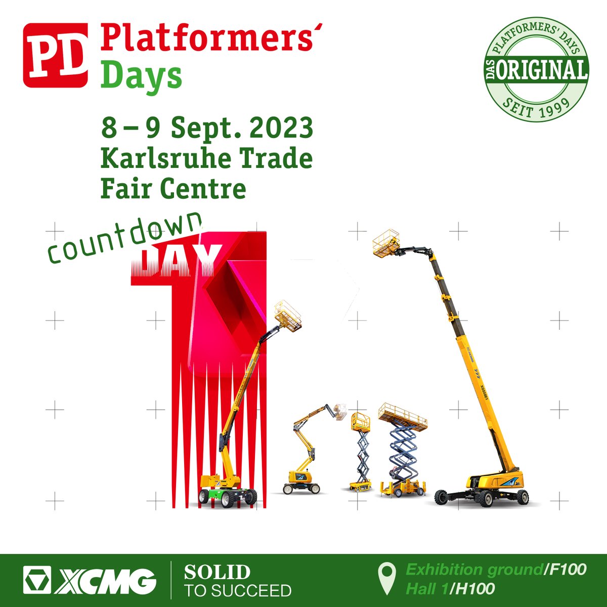 XCMGGroup's tweet photo. Get ready for the ultimate countdown!

🗓️  September 8-9, 2023
📍  Karlsruhe Trade Fair Center

Don't miss this golden opportunity to explore the magic of mobile elevating work platforms. 🌟

#XCMG  #XCMGGlobal #XCMGProduct #PlatformersDays https://t.co/96qFIj2Lj2