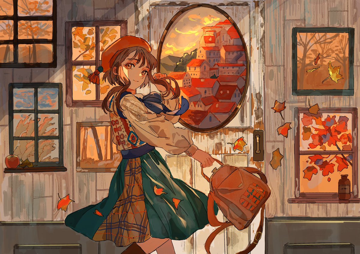 1girl solo skirt window hat bag brown hair  illustration images
