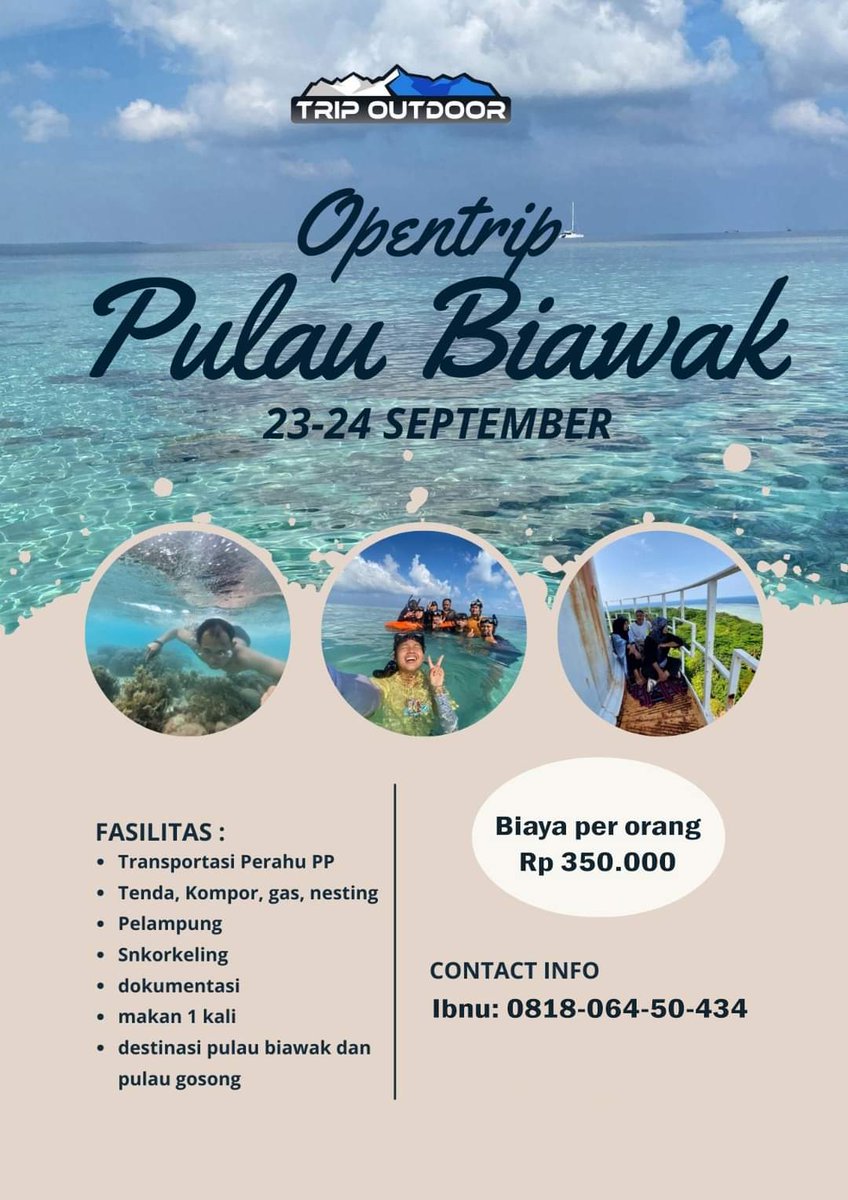 kotaindramayu's tweet photo. LIBURAN KE PULAU BIAWAK INDRAMAYU TGL 23-24 SEPTEMBER 2023

Cukup bayar Rp 350.000 per orang udah bisa liburan ke pulau biawak (Nginap). Ngga pake lama, lanjut WA aja ke 0818-064-50-434 untuk daftar dan nanya2 lebih detail. https://t.co/Mqo0VX3sO2