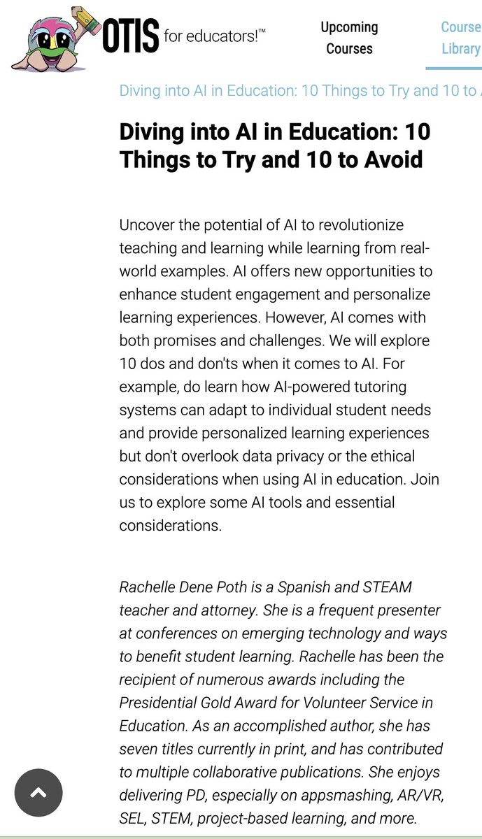 Hope you will sign up for my webinar via @OTIS4Educators on September 19th. We are talking about what to try & avoid when it comes to #AI! otis.teq.com/events/preview… #education #edtech #chatgpt #edtechchat #edchat #backtoschool #generativeAI