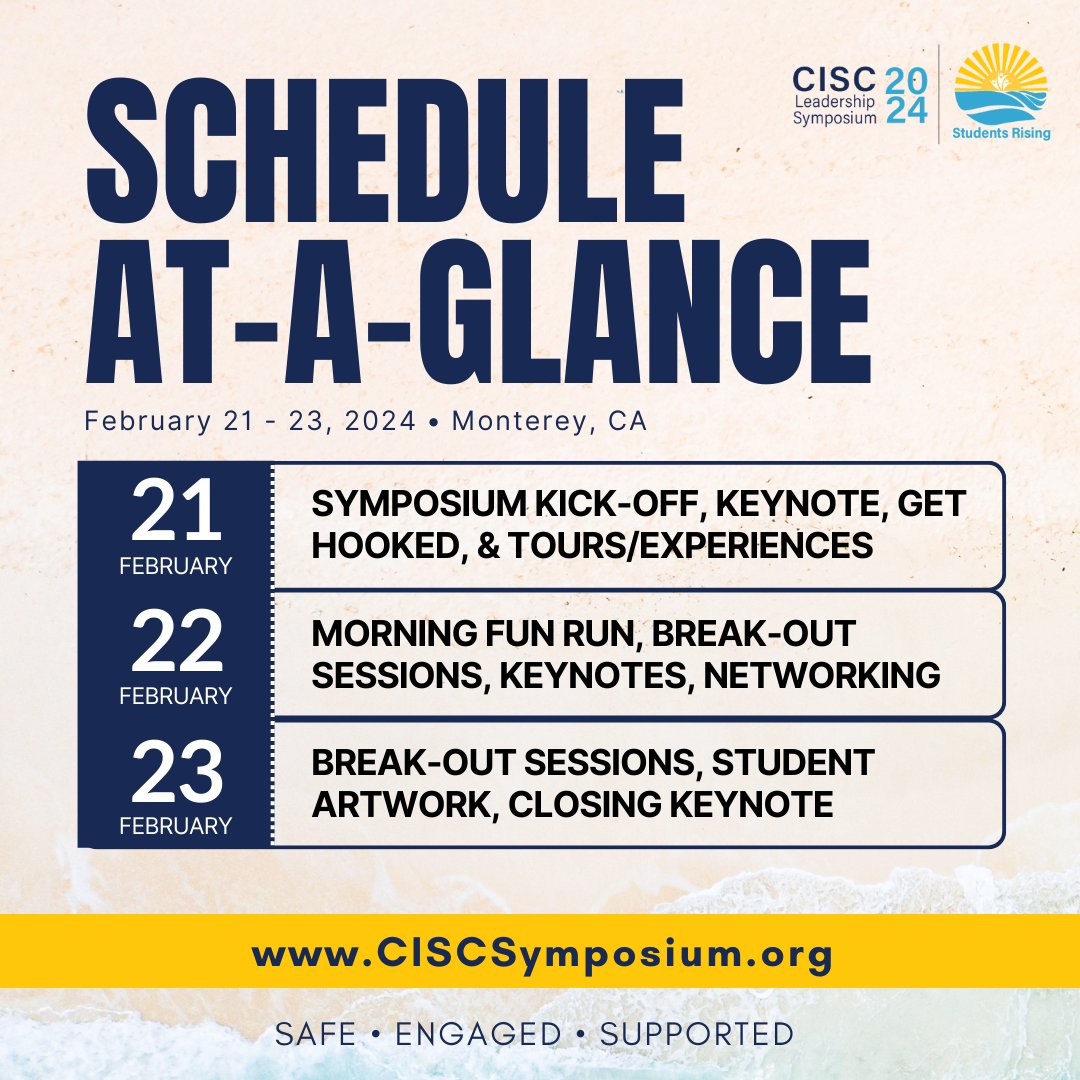 Our at-a-glance schedule is now up on the website!  Get a sneak peek at what to expect and plan ahead to get the most out of this experience.  Visit the website for the full agenda:
ciscsymposium.org/event-schedule 

#StudentsRising #CISC2024