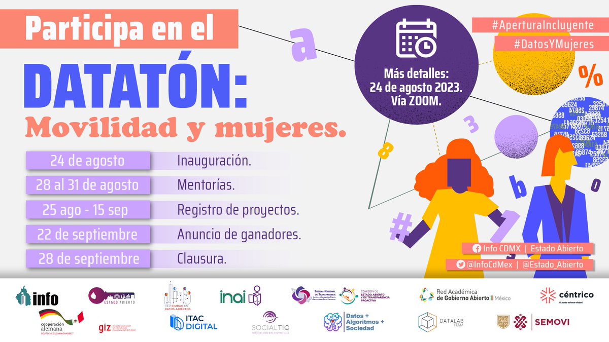 #México |

📊🚉🟣 ¿Qué esperas para sumarte a la Datatón #MovilidadyMujeres? 

✨ ¡Arma tu equipo y fortalece la #AperturaIncluyente con soluciones dateras que mejoren la movilidad con #perspectivadegénero en la #CDMX! ✨

📋 ¡Regístrate YA! ➡️ bit.ly/DMyMCDMX23