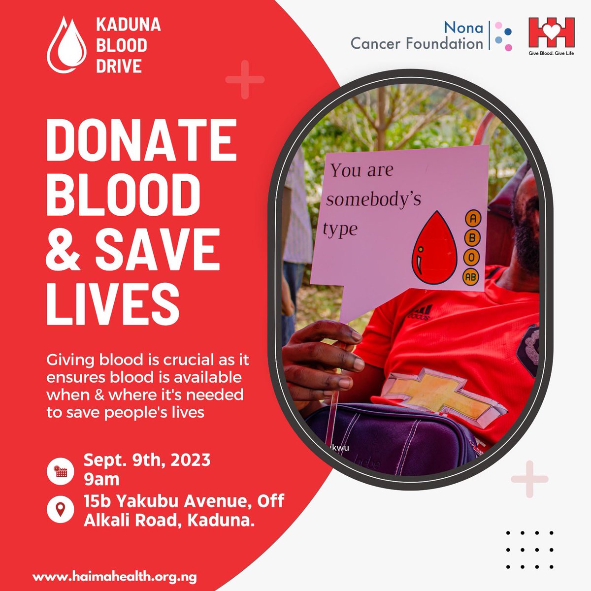 NonaFoundation's tweet photo. Hello Kaduna!!!
@Haima_Health is coming to Kaduna!! Together, we've got lifesaving plans for you this Saturday!!!

If you are in Kaduna, come out and support the cause. Were having a blood drive, on the 9th of September, at No.15 Yakubu Avenue, Off Alkali Road.

RT/Repost. https://t.co/KYk27k4mYS