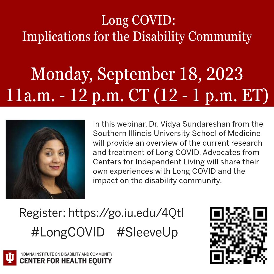 CHE_IU's tweet photo. Long COVID: Free Webinar, Sept. 18, 11 am - Noon ET.  

Dr. Vidya Sundareshan will provide an overview of the current research and treatment of Long COVID. 

If you have any question for Dr. Sundareshan, include your question when registering: https://t.co/FeCcOe4RrF
#SleeveUp https://t.co/fzbsr8BHGu