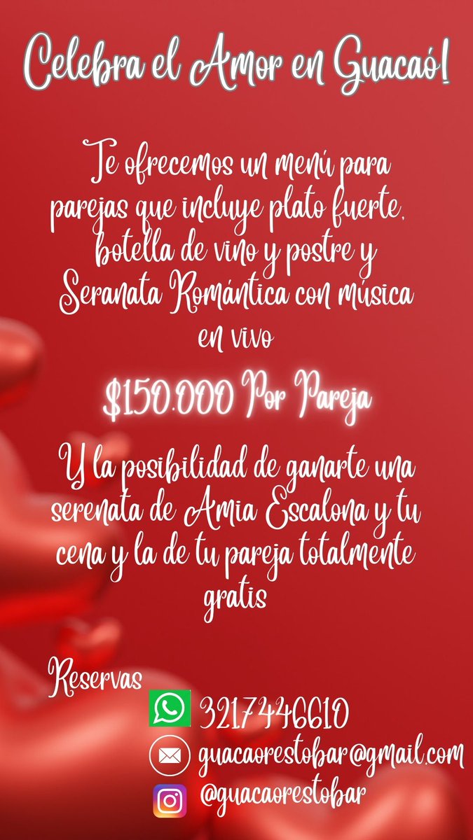 Guacaorestobar's tweet photo. Recuerda que tendremos pronto una cena espectacular para ti, no te pierdas la oportunidad de celebrar el amor con las personas que más quieres en un ambiente romántico y acogedor.
Cena, vino, música en vivo y la posibilidad de ganarte tu consumo, te esperamos el 16 de Septiembre https://t.co/M2vOucmJbH